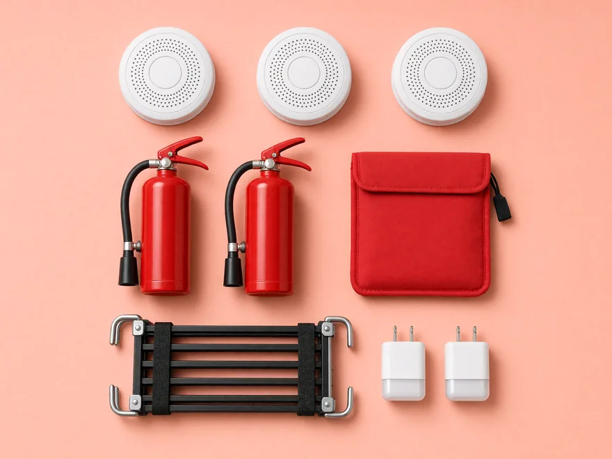 Fire safety kit laid out: three alarms, two extinguishers, a fire blanket, an escape ladder and emergency lights