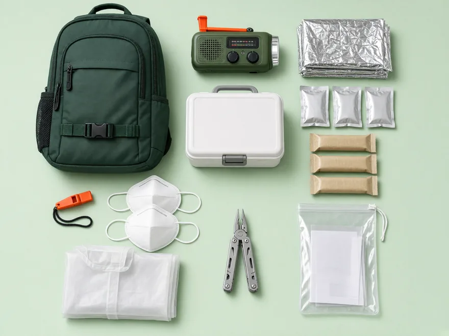Emergency go-bag laid out: a green backpack, a hand-crank radio, first aid, thermal blankets, water and food bars