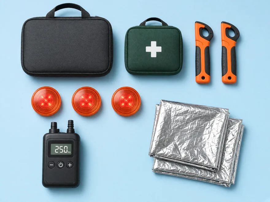 Road kit laid out: a roadside bag, a first aid pouch, belt cutters, LED flares, a tire inflator and thermal blankets