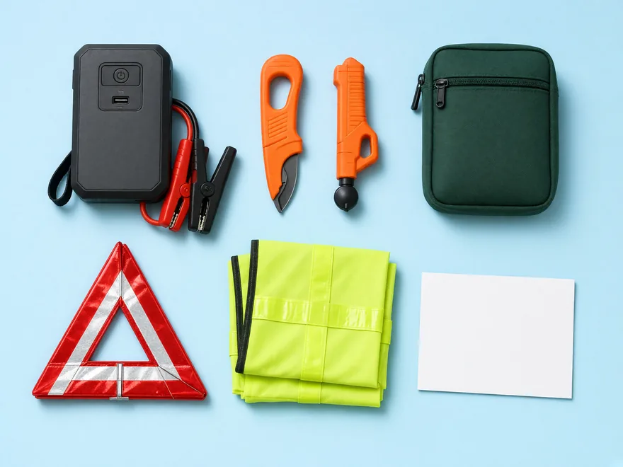 Teen driver kit laid out: a jump starter, belt cutters, a first aid pouch, a warning triangle and two hi-vis vests
