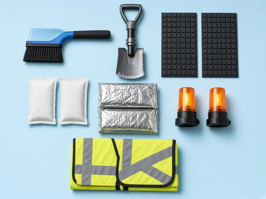 Winter kit laid out: a snow brush, a folding shovel, traction mats, hand warmers, thermal blankets, flares and a vest