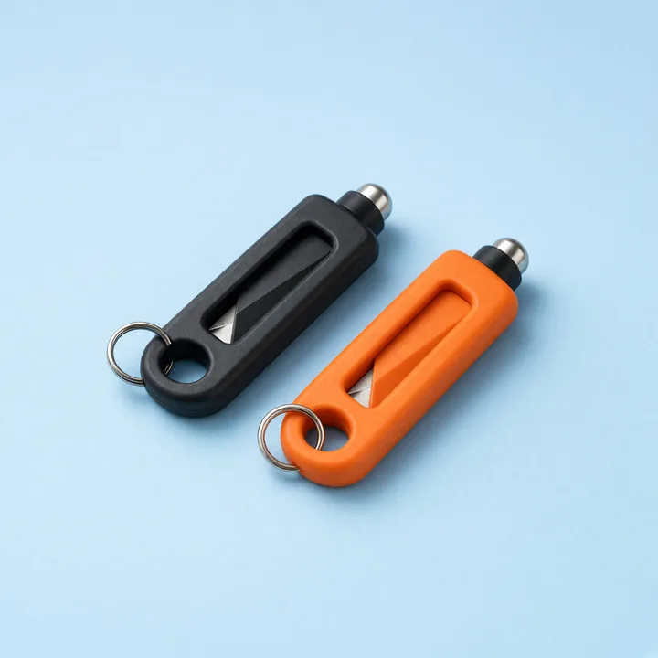Two seat belt cutter and window breaker tools in black and orange