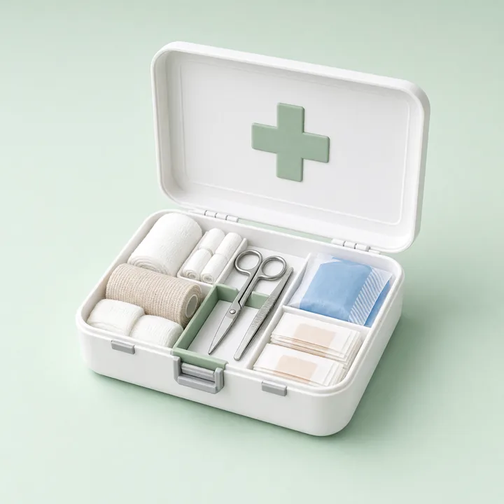 Open white first aid case with neatly organized bandages and supplies