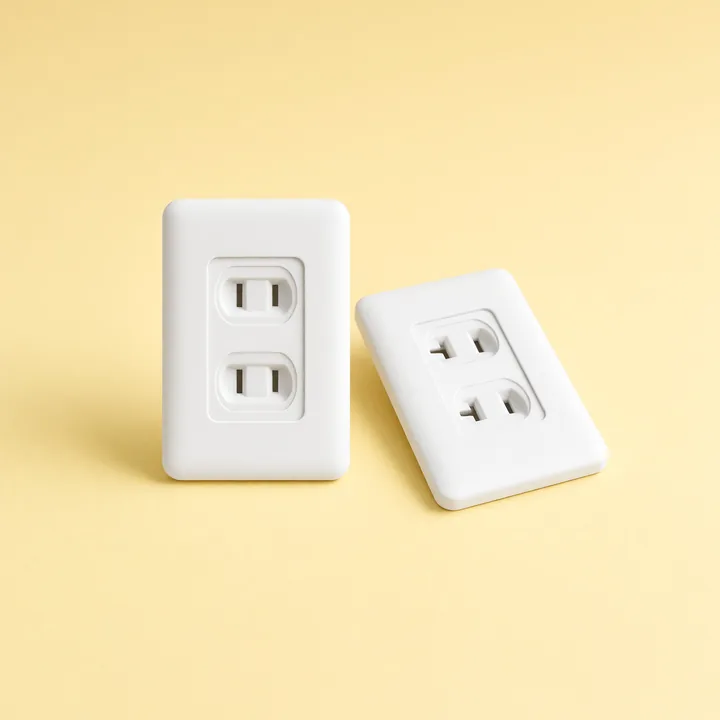 Two white self-closing outlet cover plates