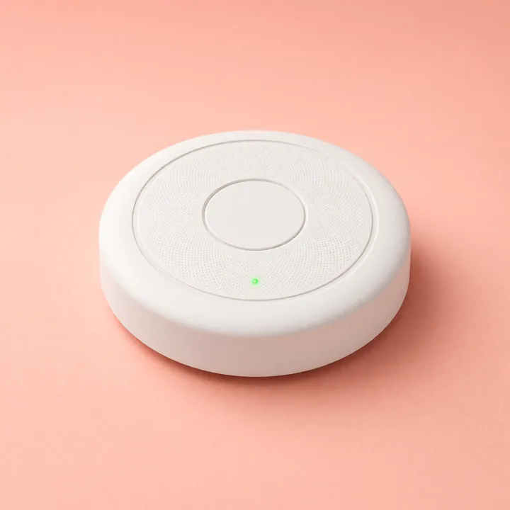 Round white smoke and carbon monoxide alarm with a small green status light